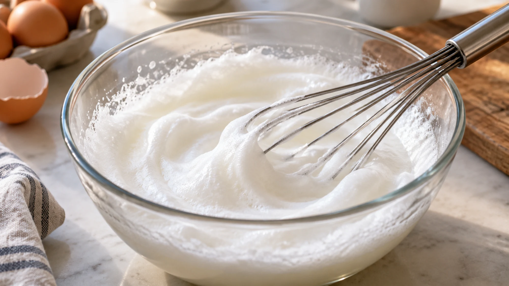 Whisk resting in a bowl of frothy egg whites