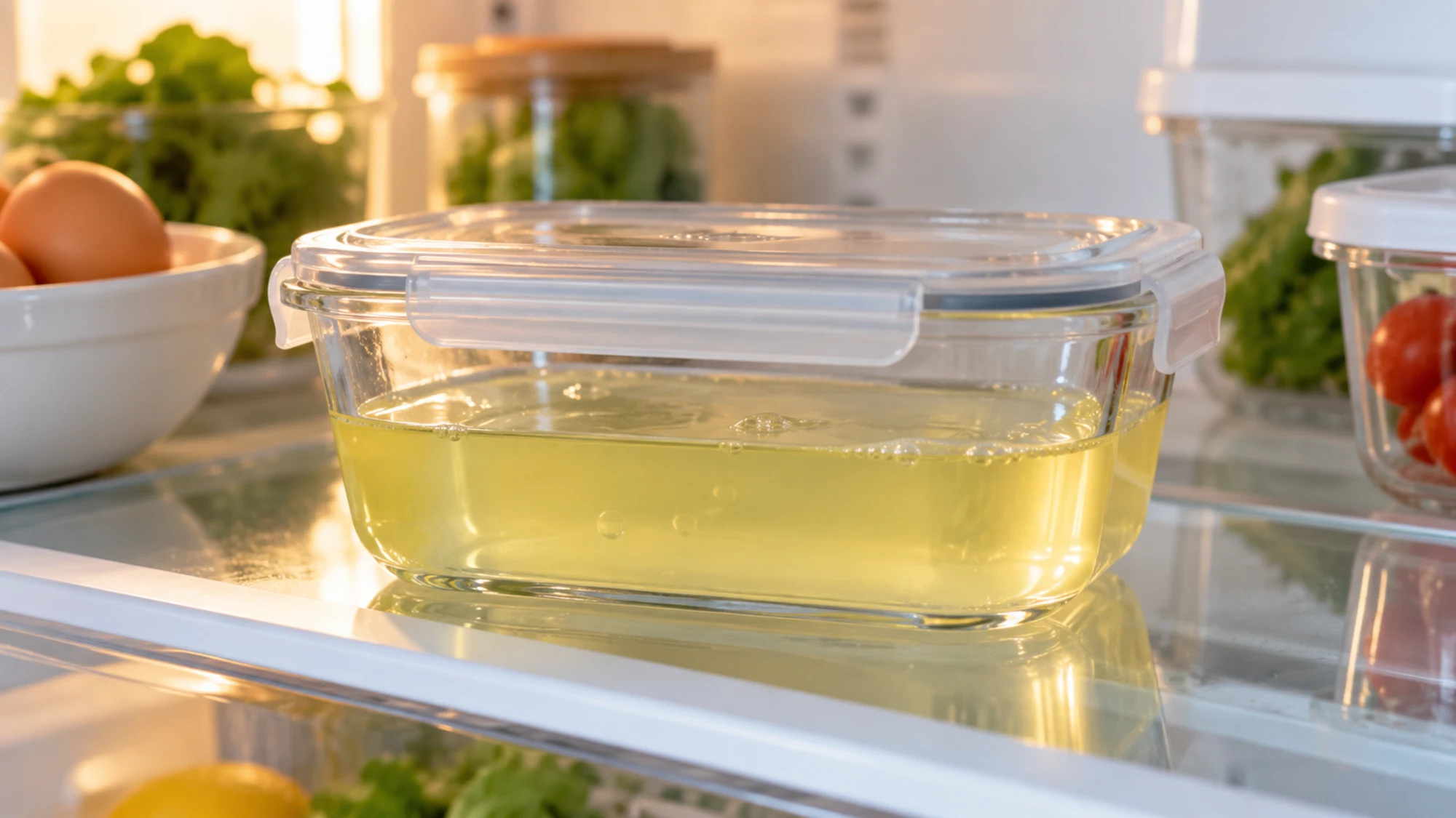 Separated egg whites in a closed container on a refrigerator shelf