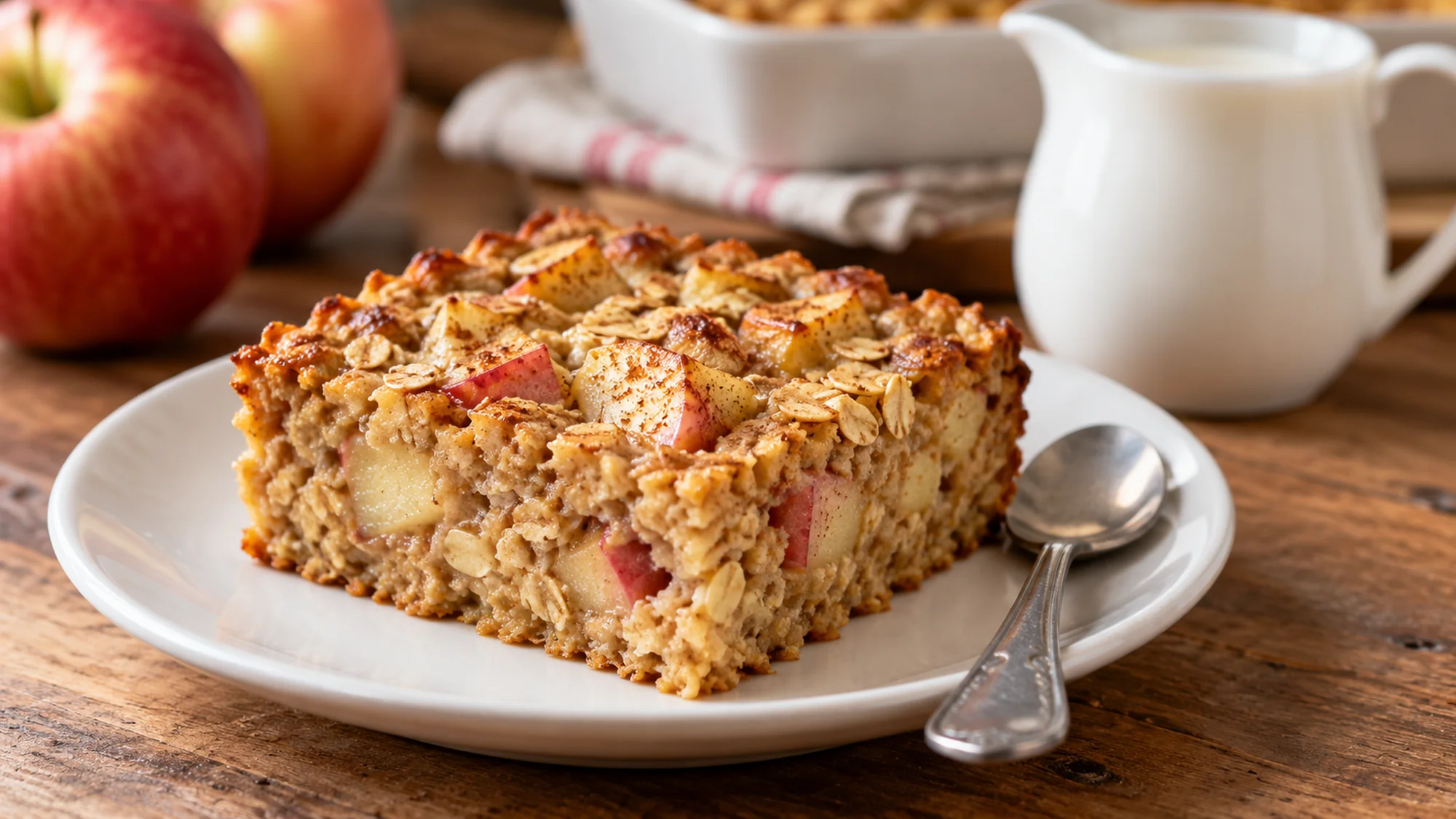 Apple cinnamon baked oatmeal square with tender apple pieces