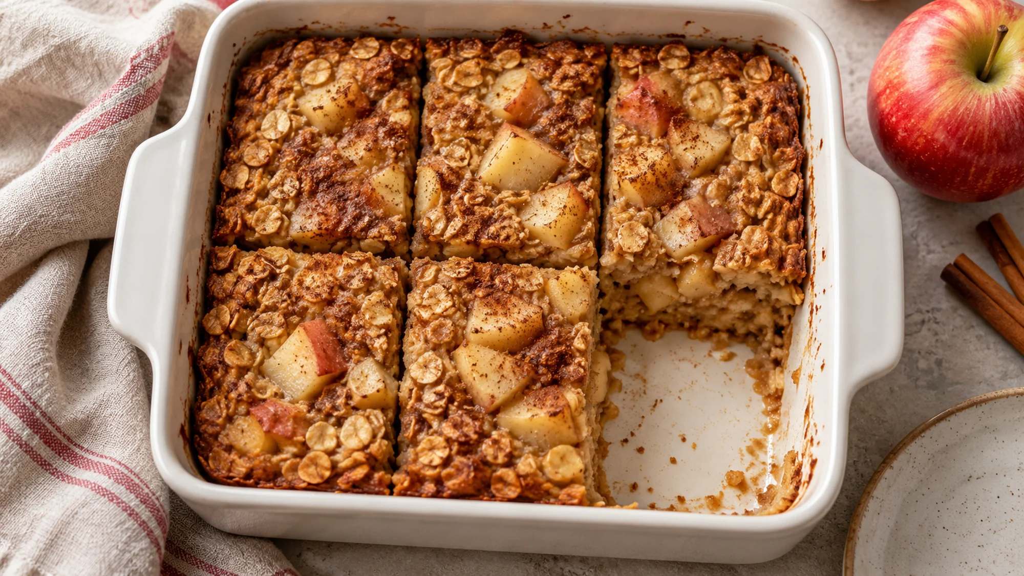 Apple cinnamon baked oatmeal cut into six servings