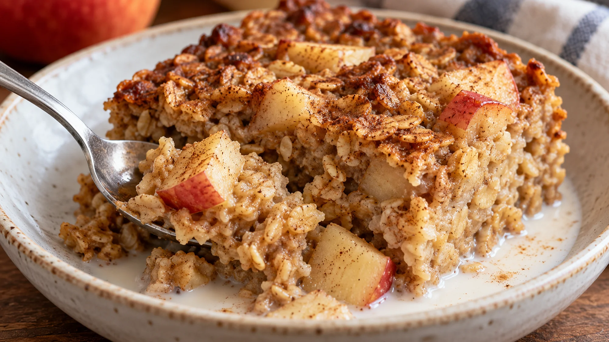 Apple cinnamon baked oatmeal showing moist oat texture