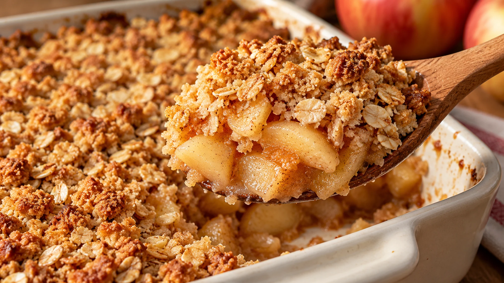 Apple crumble recipe serving lifted to show tender cinnamon apple slices