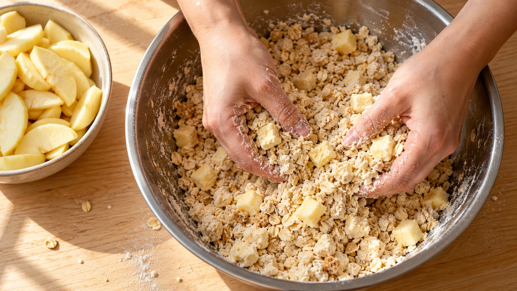 Rubbing butter into flour and oats for this apple crumble recipe