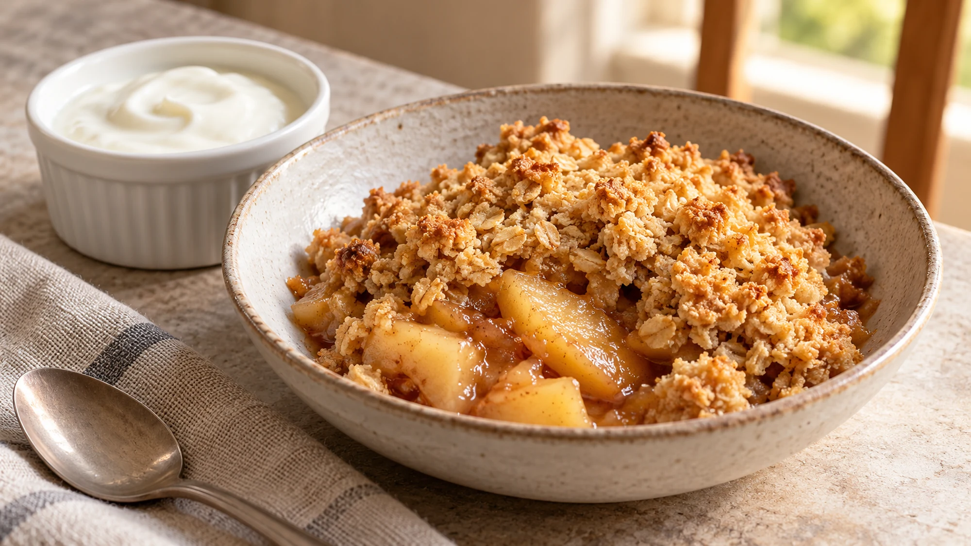 Apple crumble recipe portion with plain yogurt served alongside