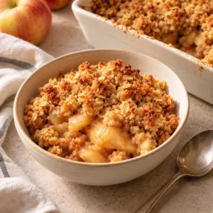 Apple crumble recipe in a bowl with crisp oats and cinnamon apples