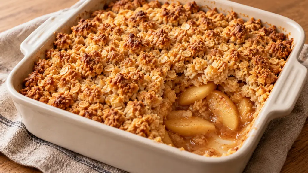 Apple crumble recipe with golden oat topping and tender apples in a square dish