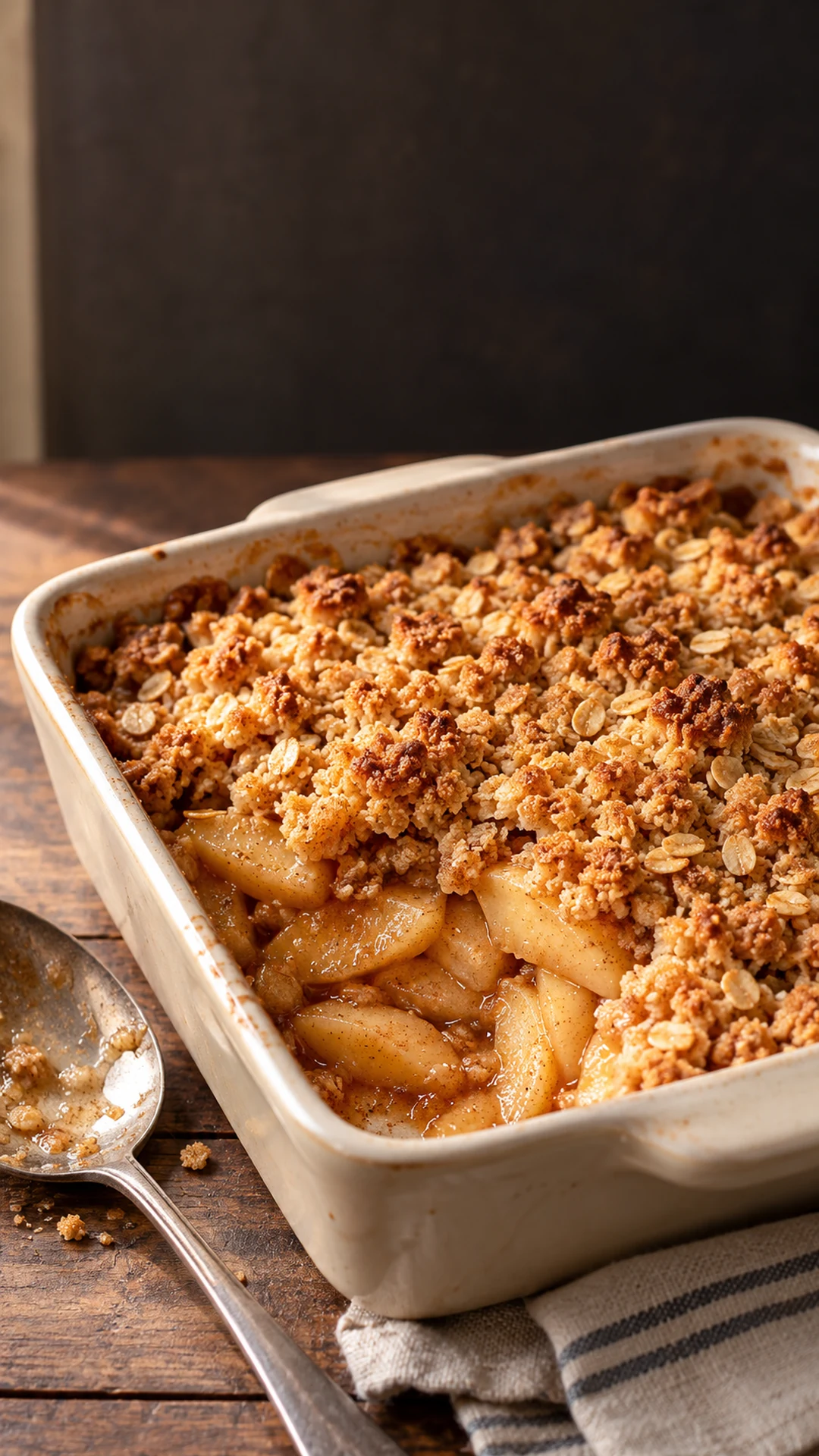 Apple crumble recipe with a golden topping in a square baking dish