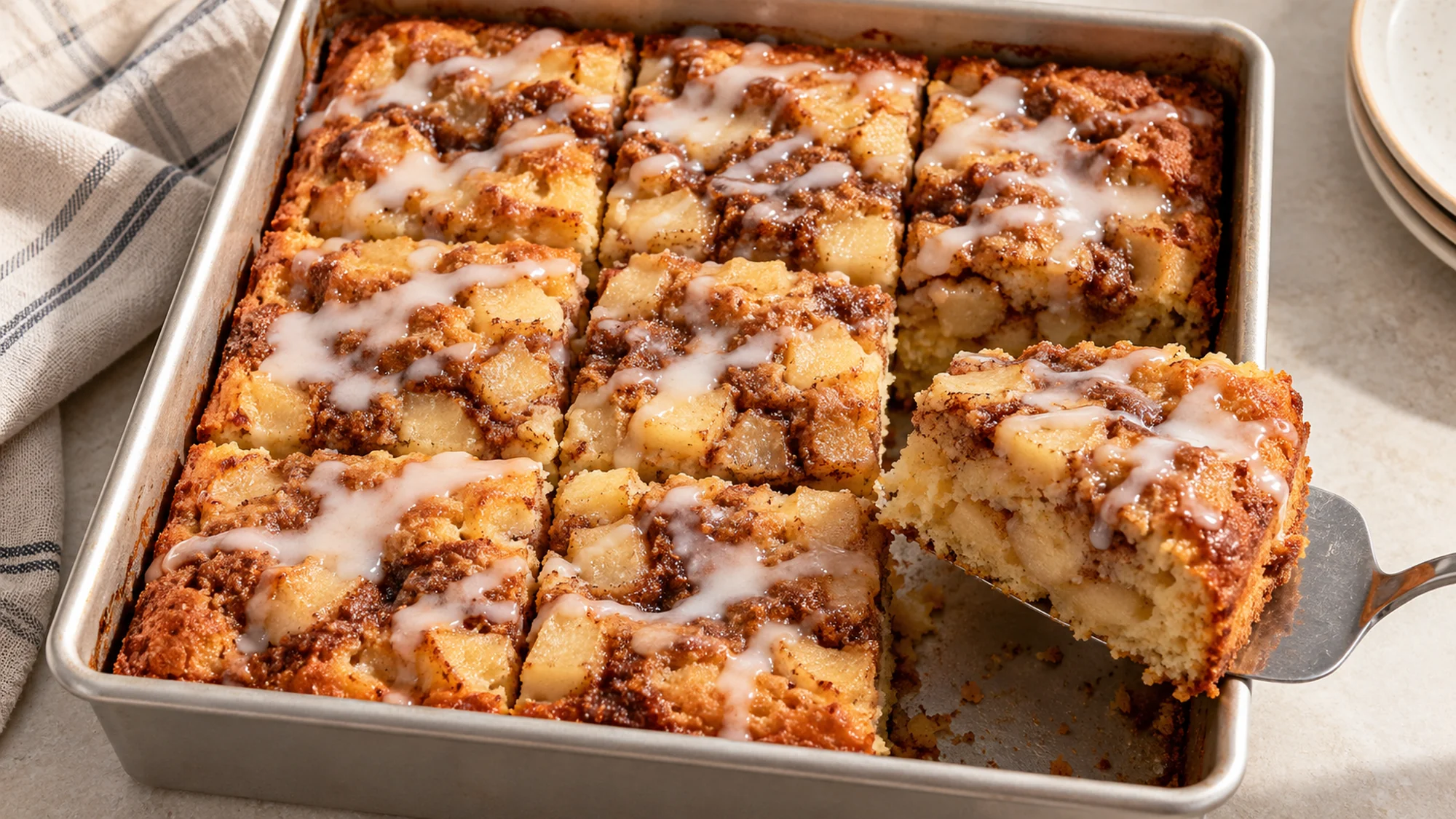 Apple fritter cake cut into squares in a baking pan