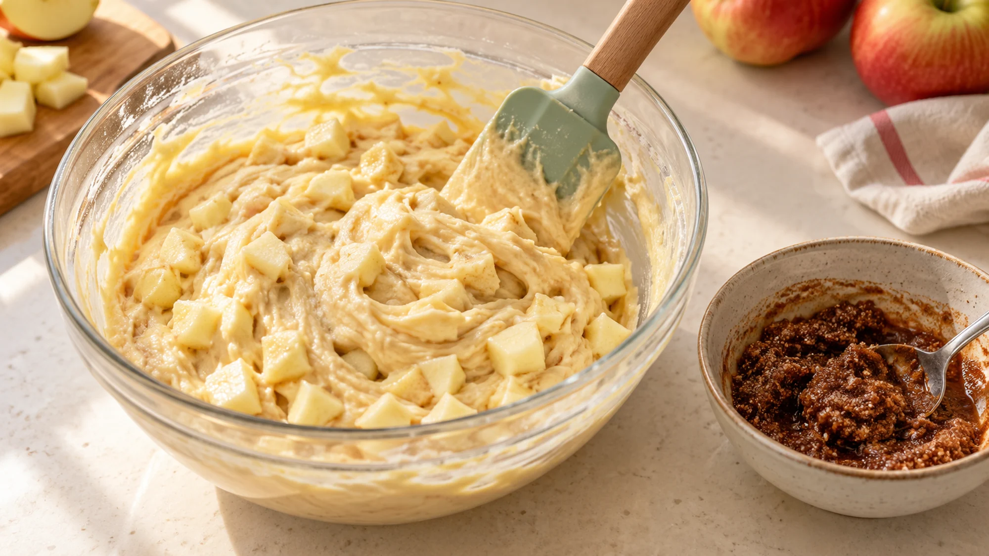 Diced apples folded into apple fritter cake batter beside cinnamon sugar
