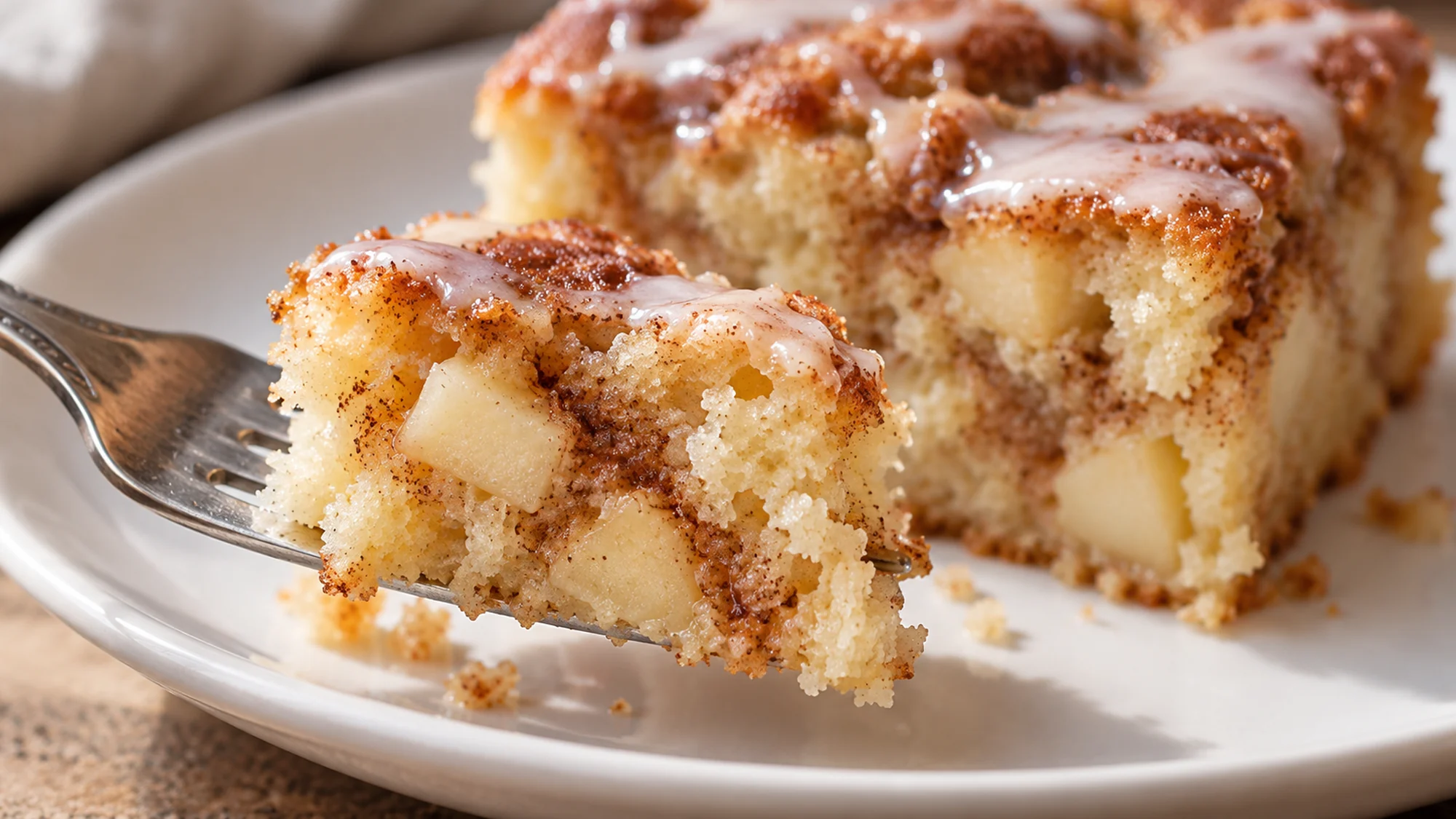 A forkful of apple fritter cake showing soft apple pieces and cinnamon ribbons