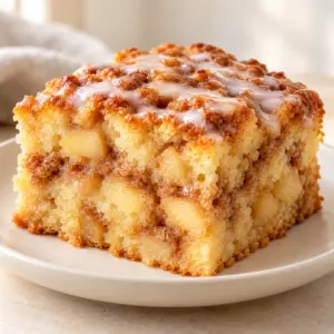 Apple fritter cake square with diced apples and vanilla glaze