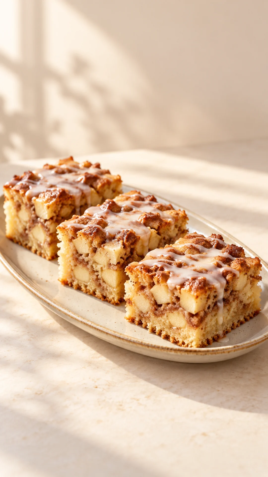 Glazed apple fritter cake squares on an oval platter