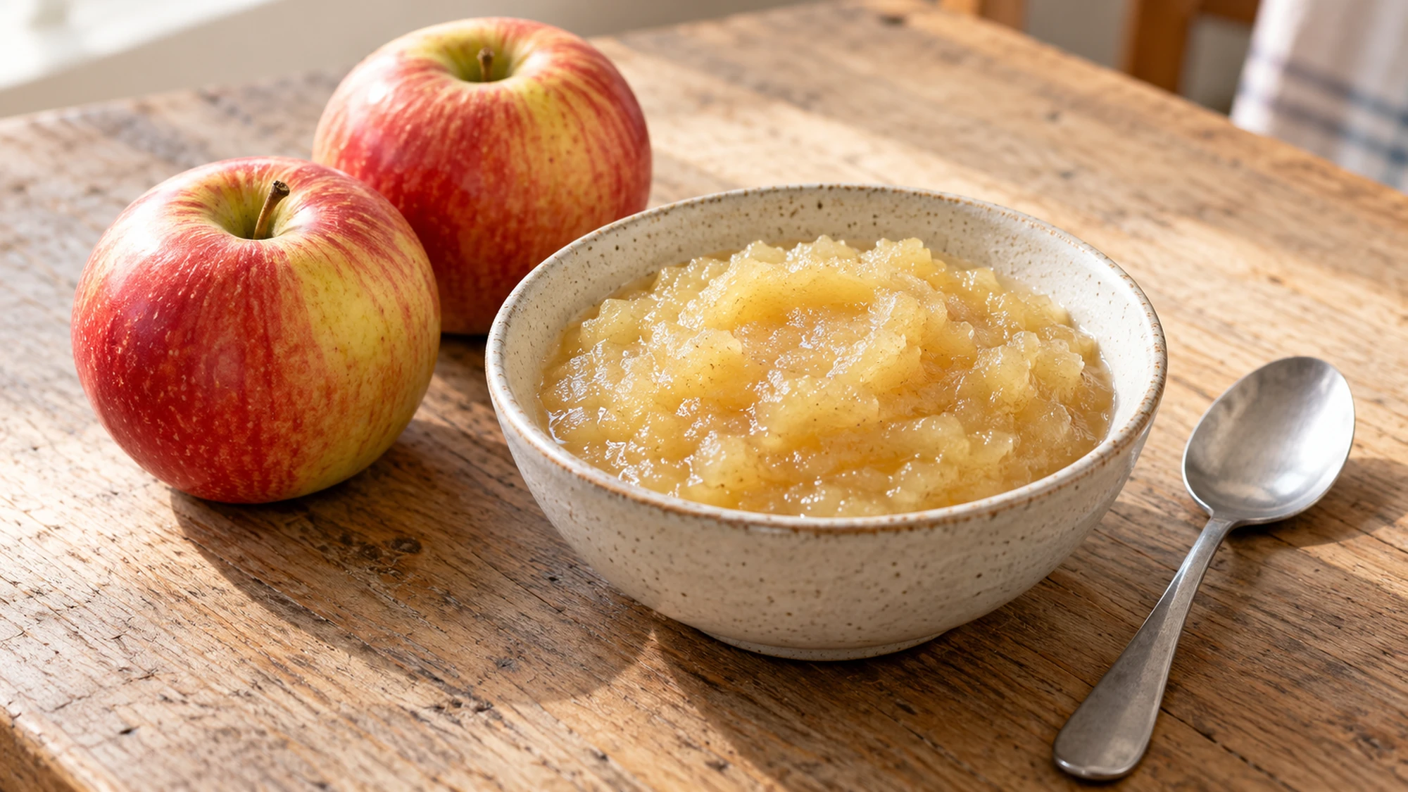 Plain applesauce in a ceramic bowl beside two whole apples.