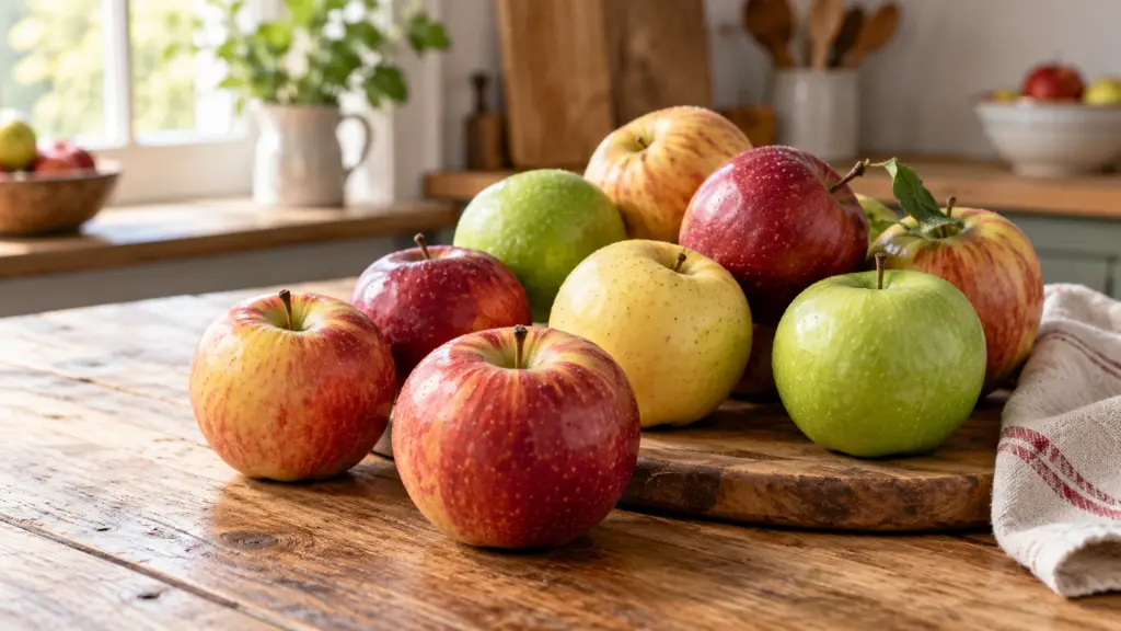 Red, green, and yellow whole apples on a wooden kitchen table.