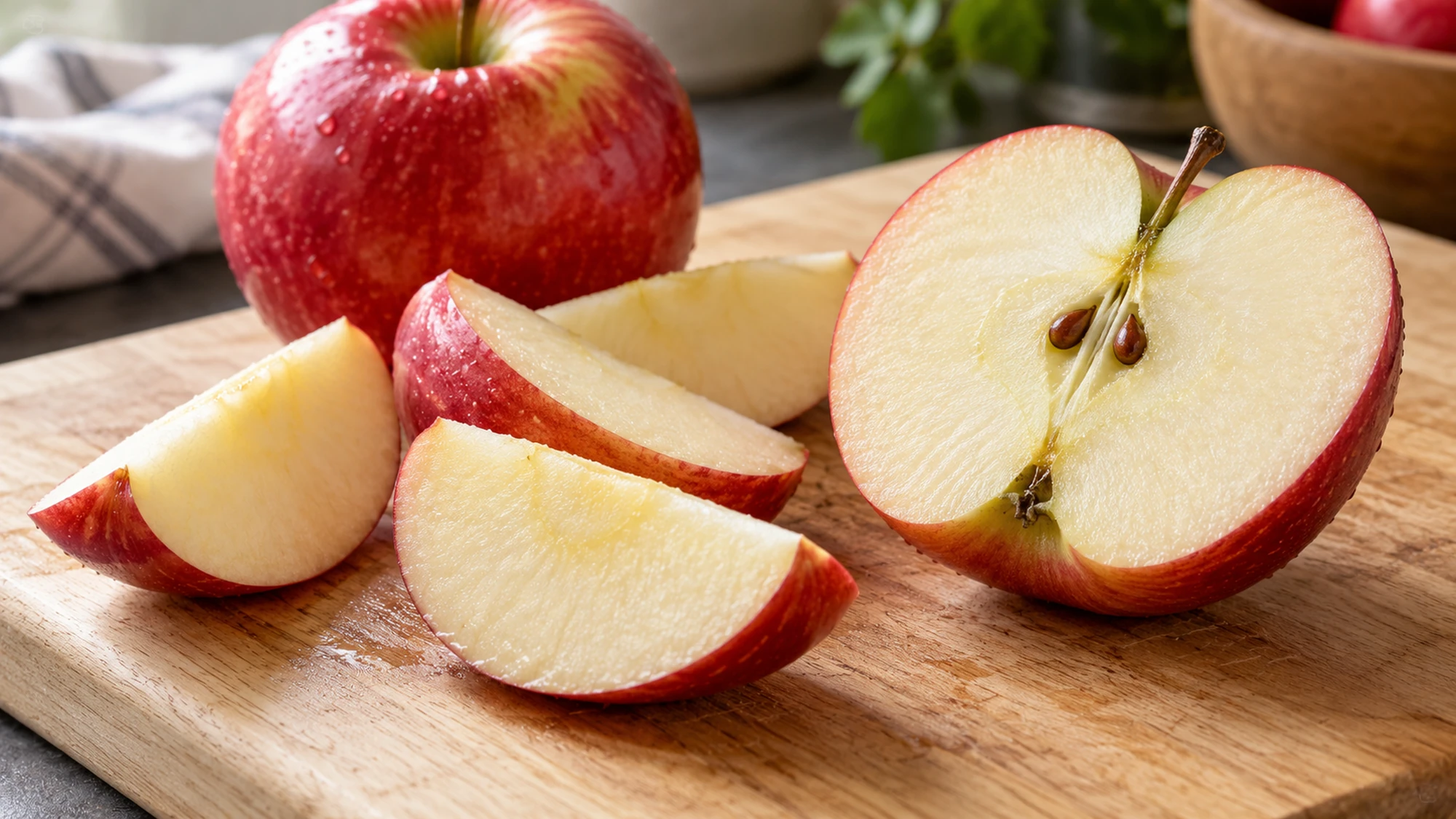Fresh red apple wedges and an apple half with the peel left on.