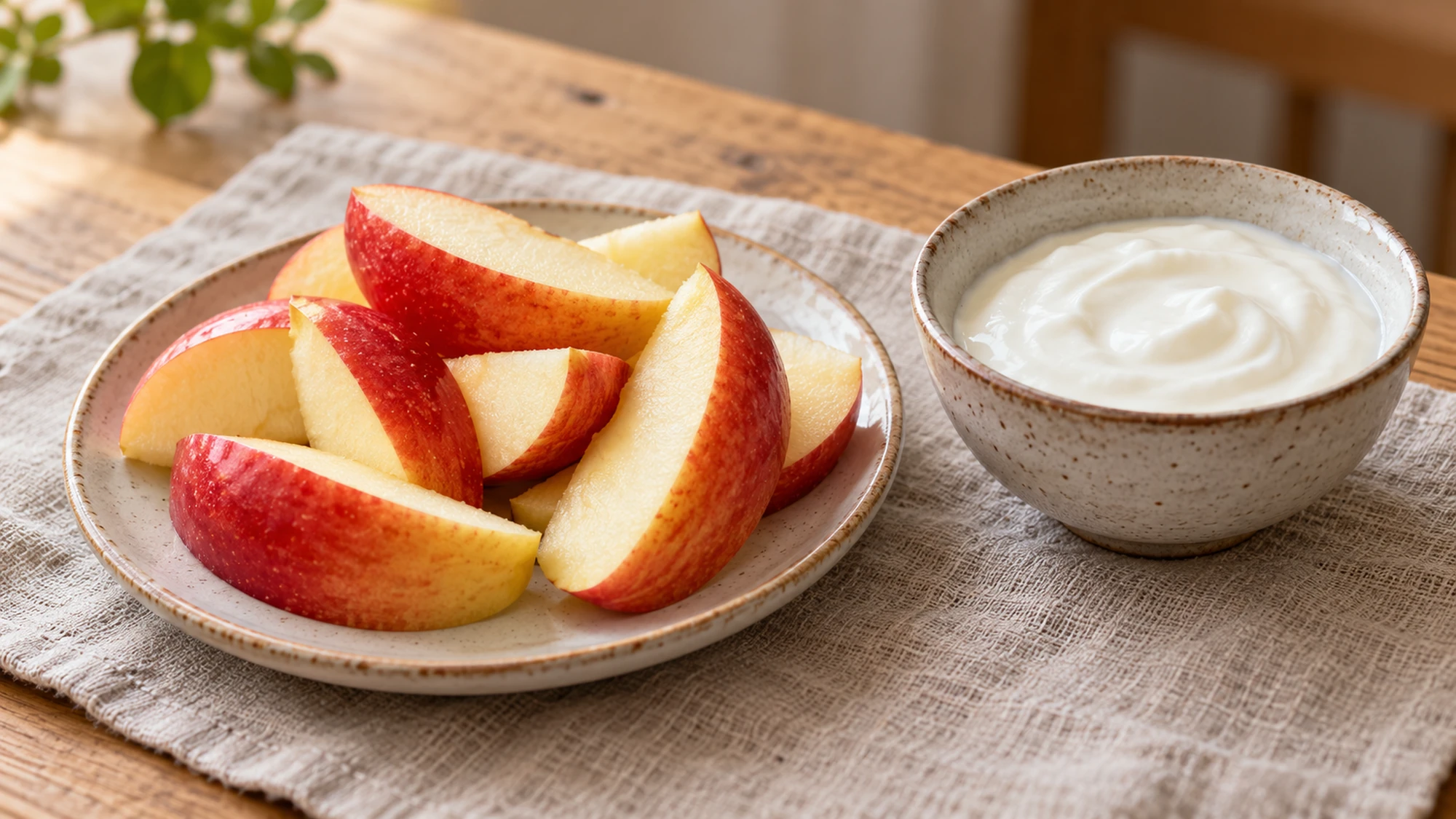 Red-skinned apple wedges on a plate beside a bowl of plain yogurt.