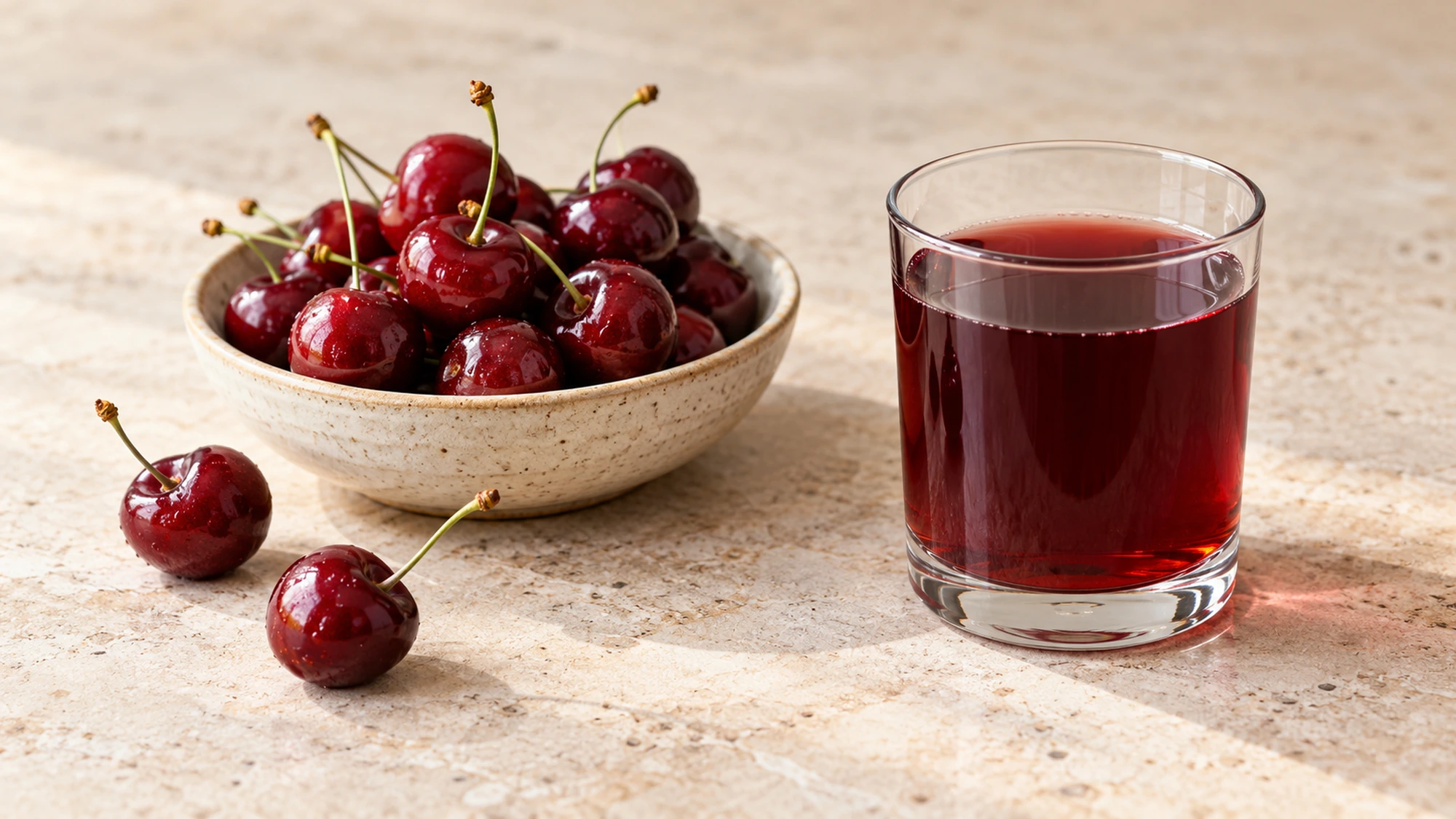 Fresh cherries in a ceramic bowl beside a small glass of cherry juice.