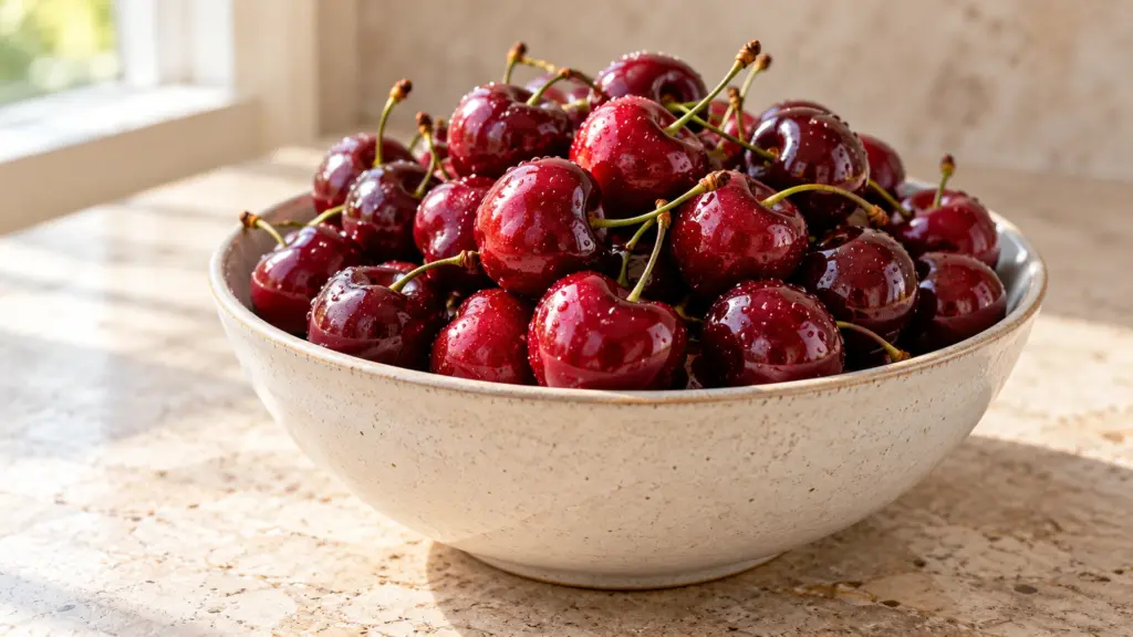 Fresh red cherries with stems piled in a pale ceramic bowl.