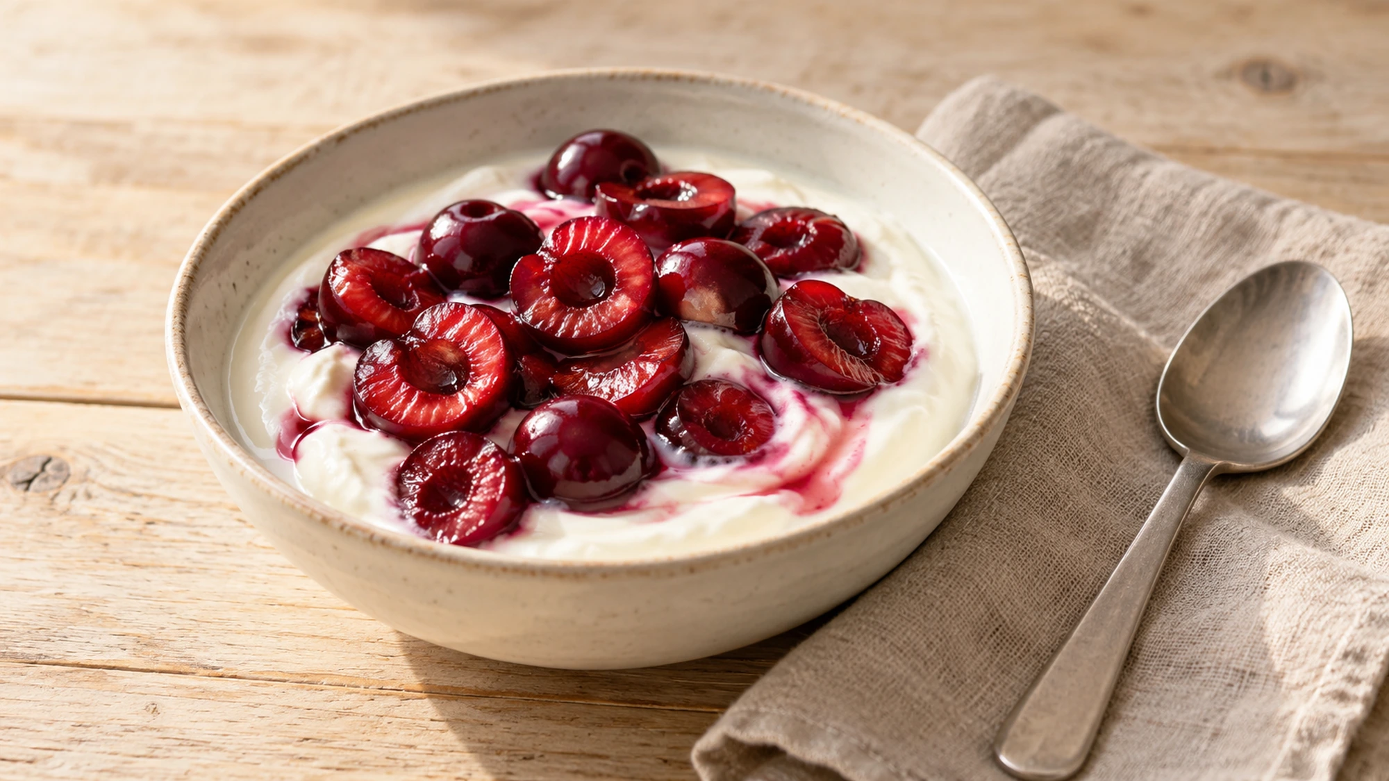 Plain yogurt topped with halved pitted cherries and a swirl of cherry juice.