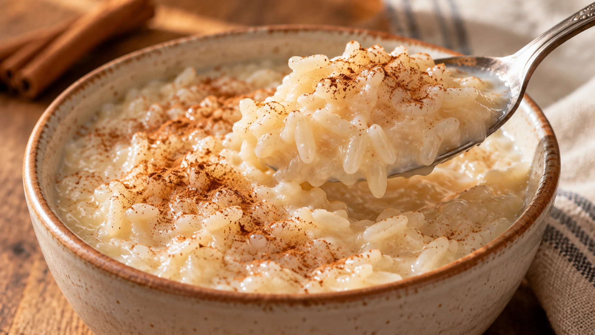 Creamy arroz con leche served in small bowls with cinnamon