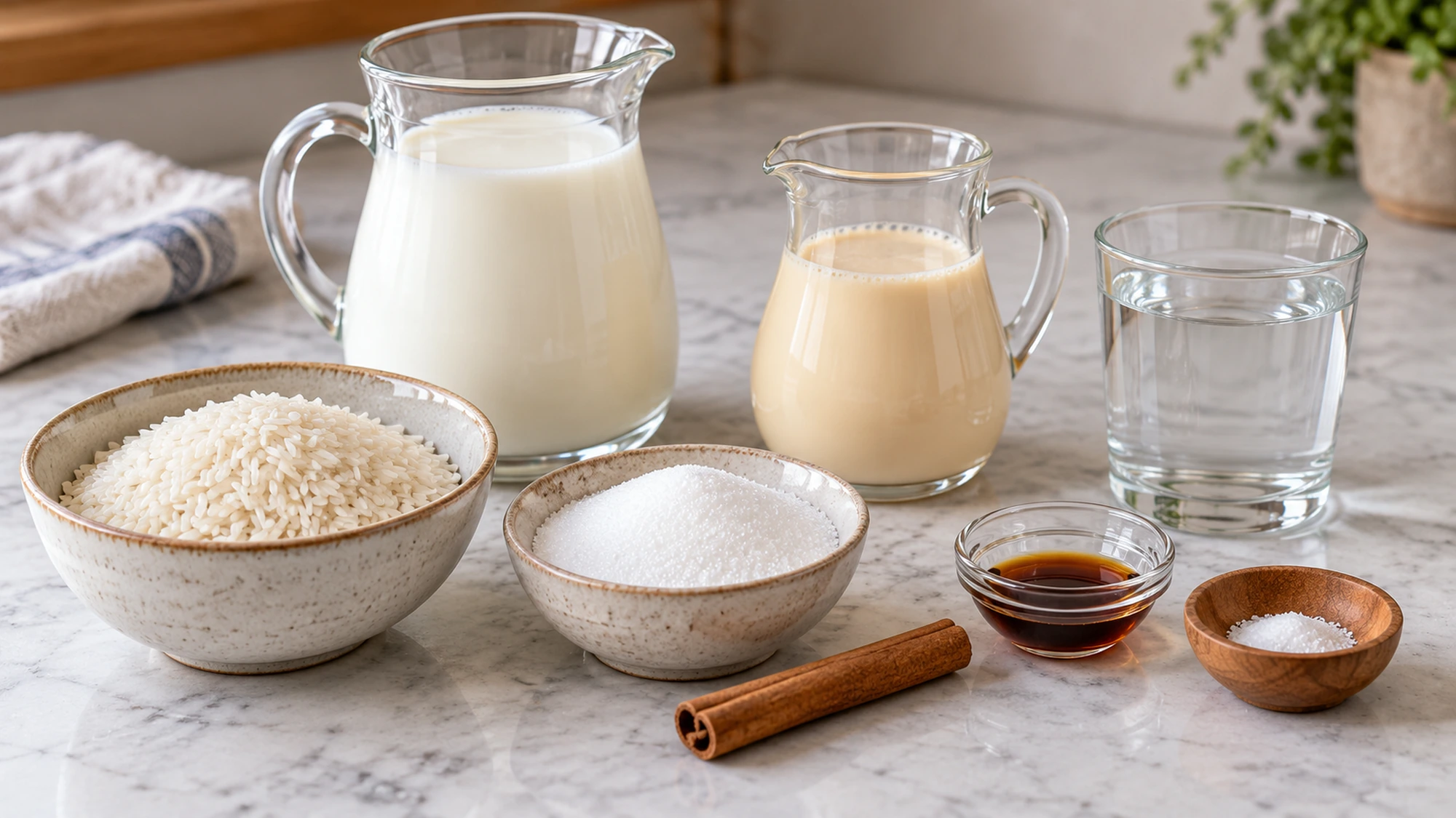 Rice, cinnamon, milk and sugar arranged for arroz con leche