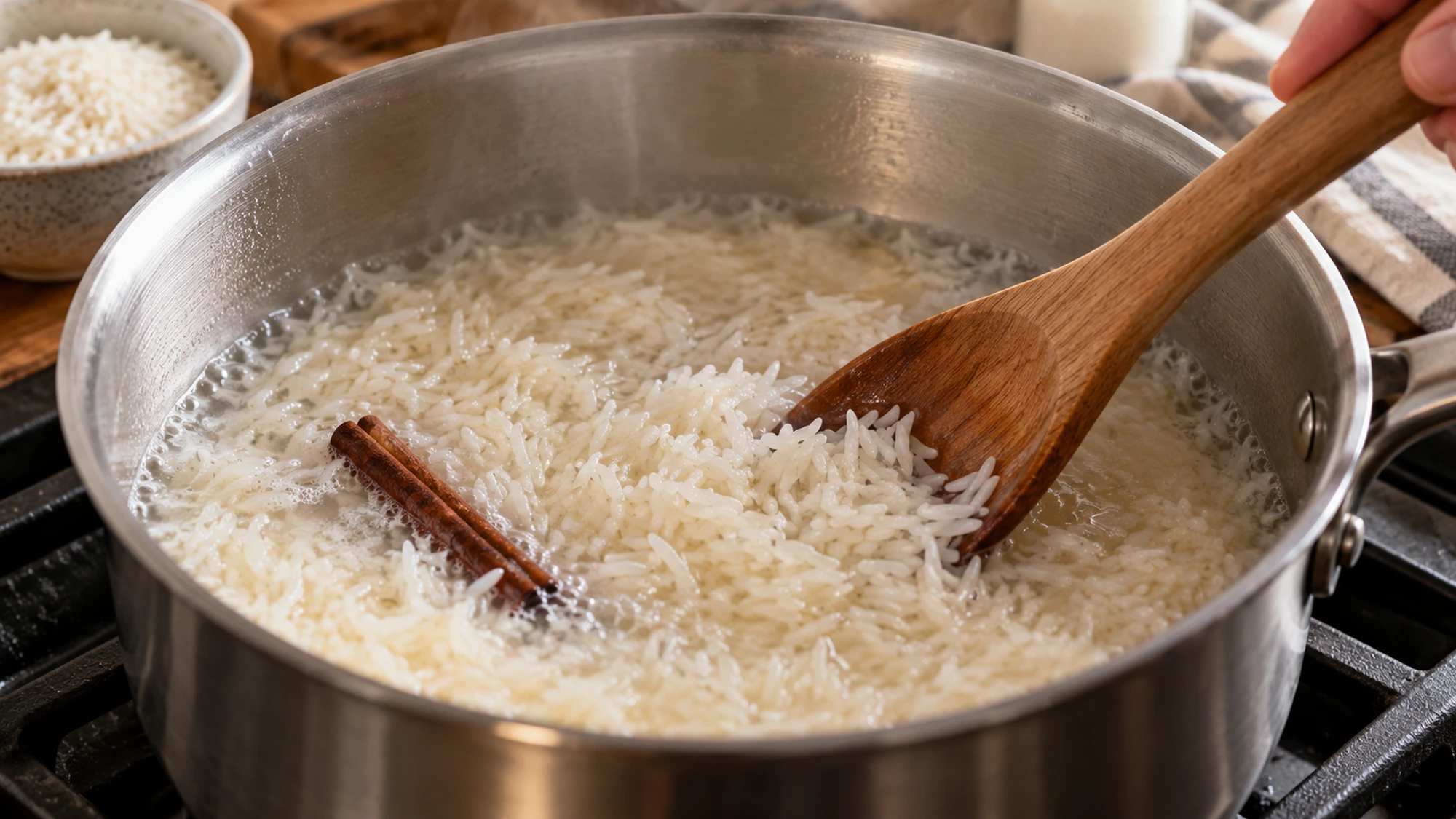 Creamy rice pudding stirred in a saucepan