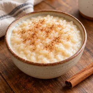 Close view of creamy arroz con leche with cinnamon
