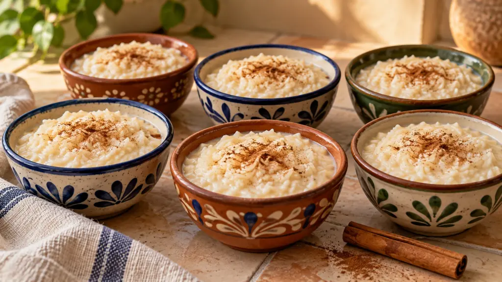 Small bowls of creamy arroz con leche topped with cinnamon