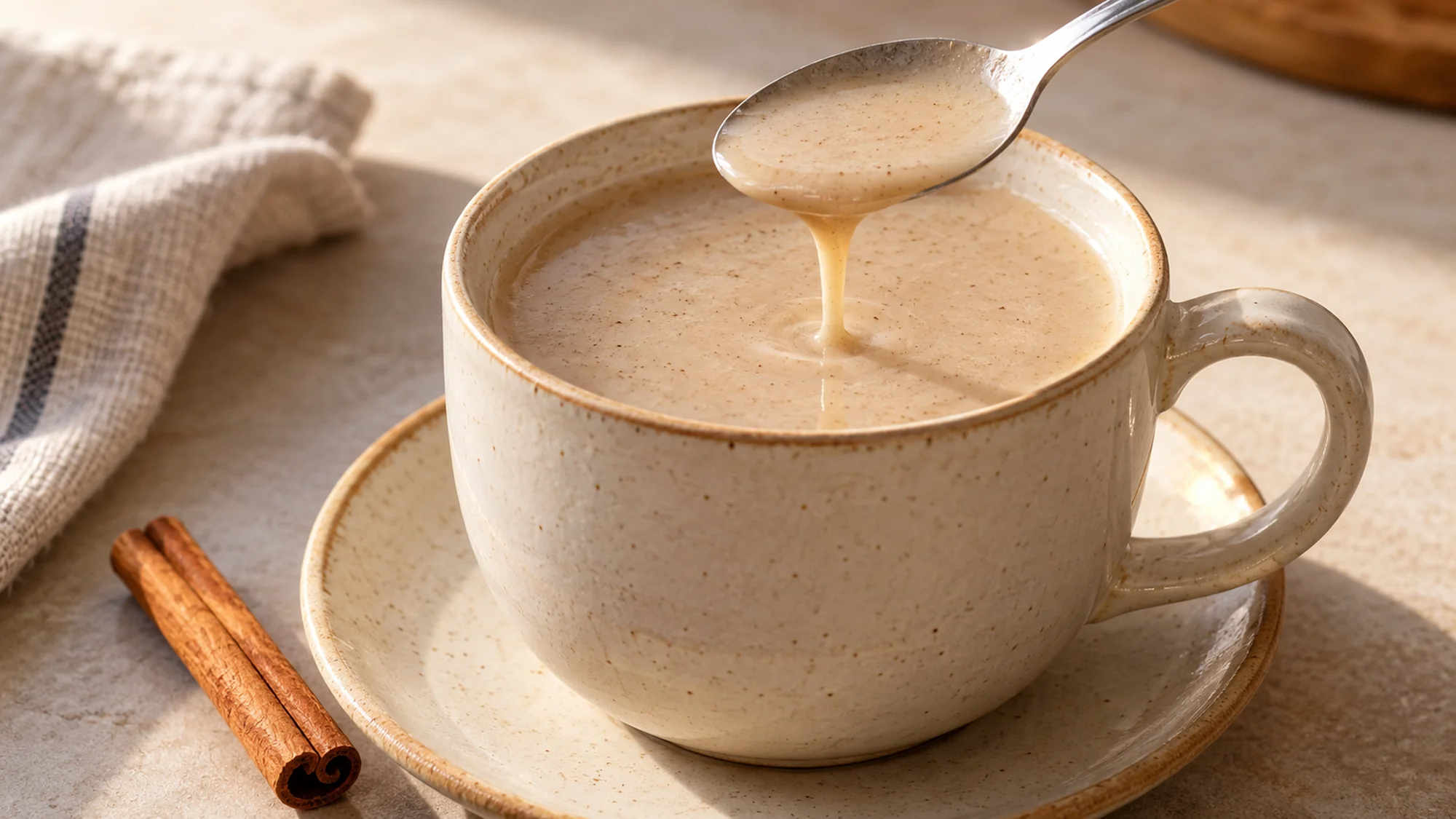 Spoon showing the lightly creamy texture of atole de pinole