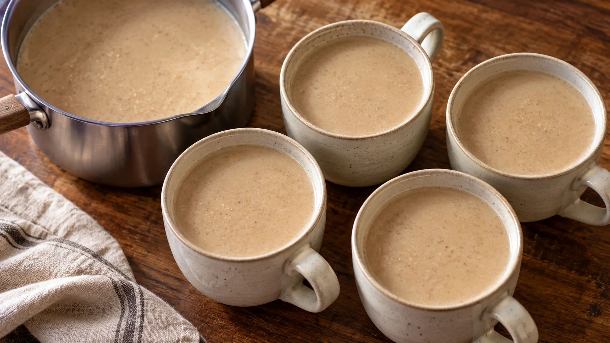 Four small mugs of atole de pinole beside the saucepan