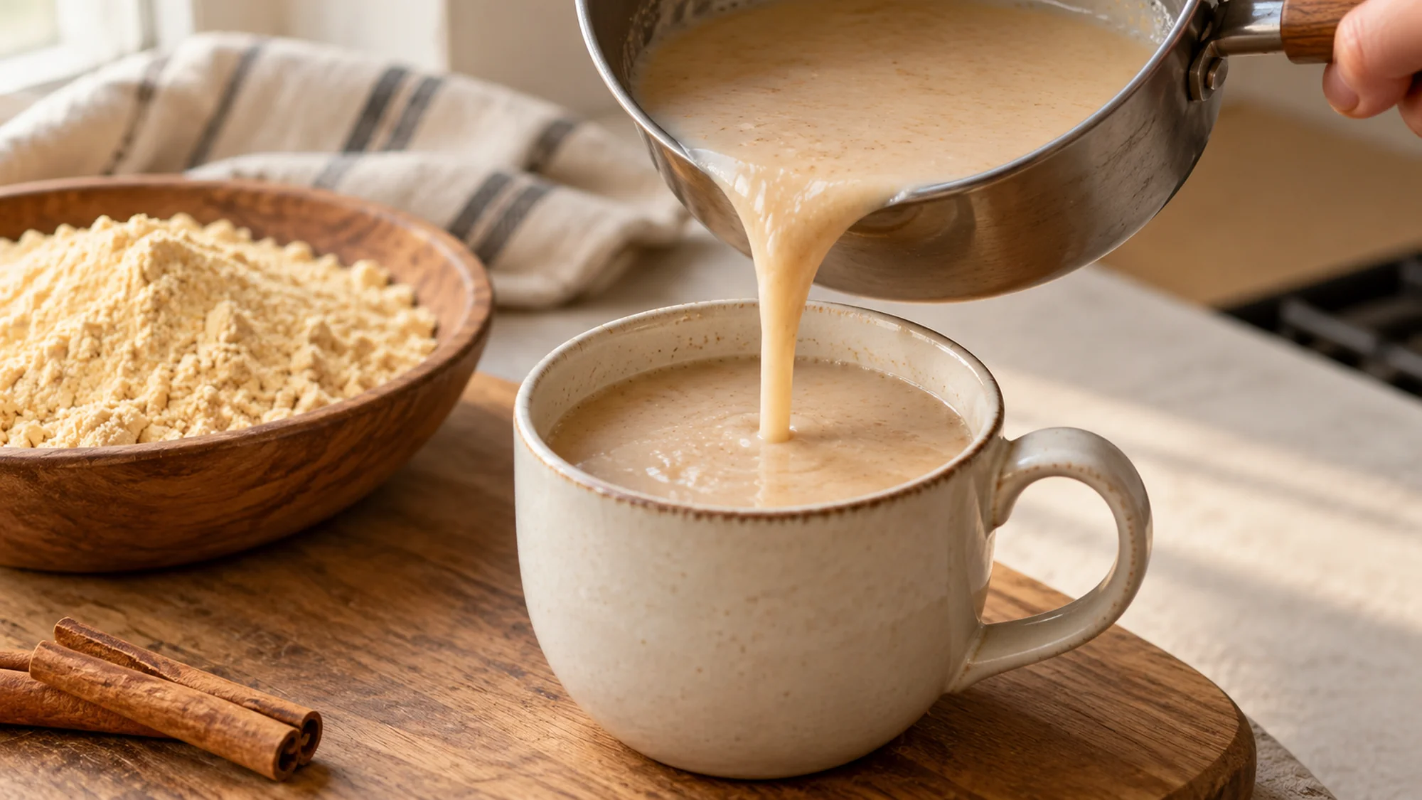 Atole de pinole poured into a mug in a thin creamy stream
