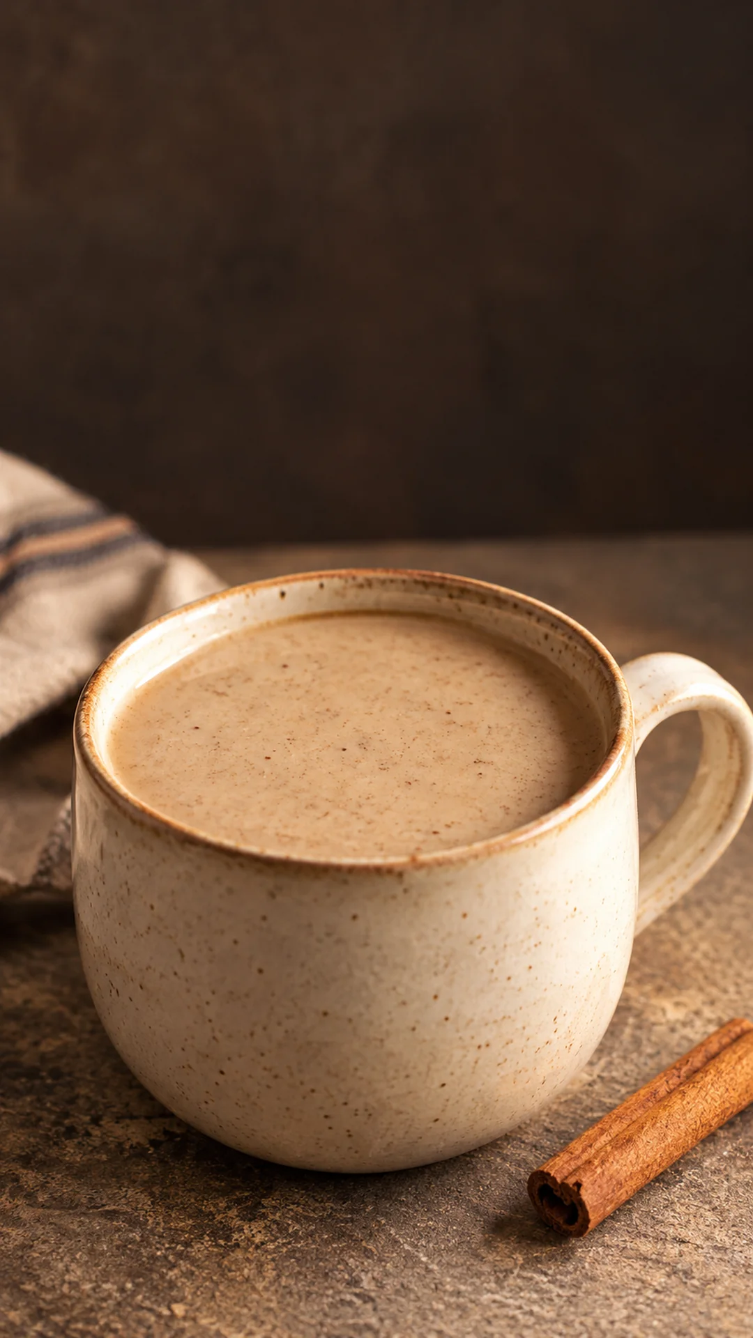 Warm beige atole de pinole in a cream ceramic mug