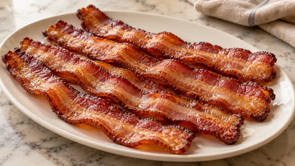 Crisp thick-cut pork bacon arranged on an ivory plate.