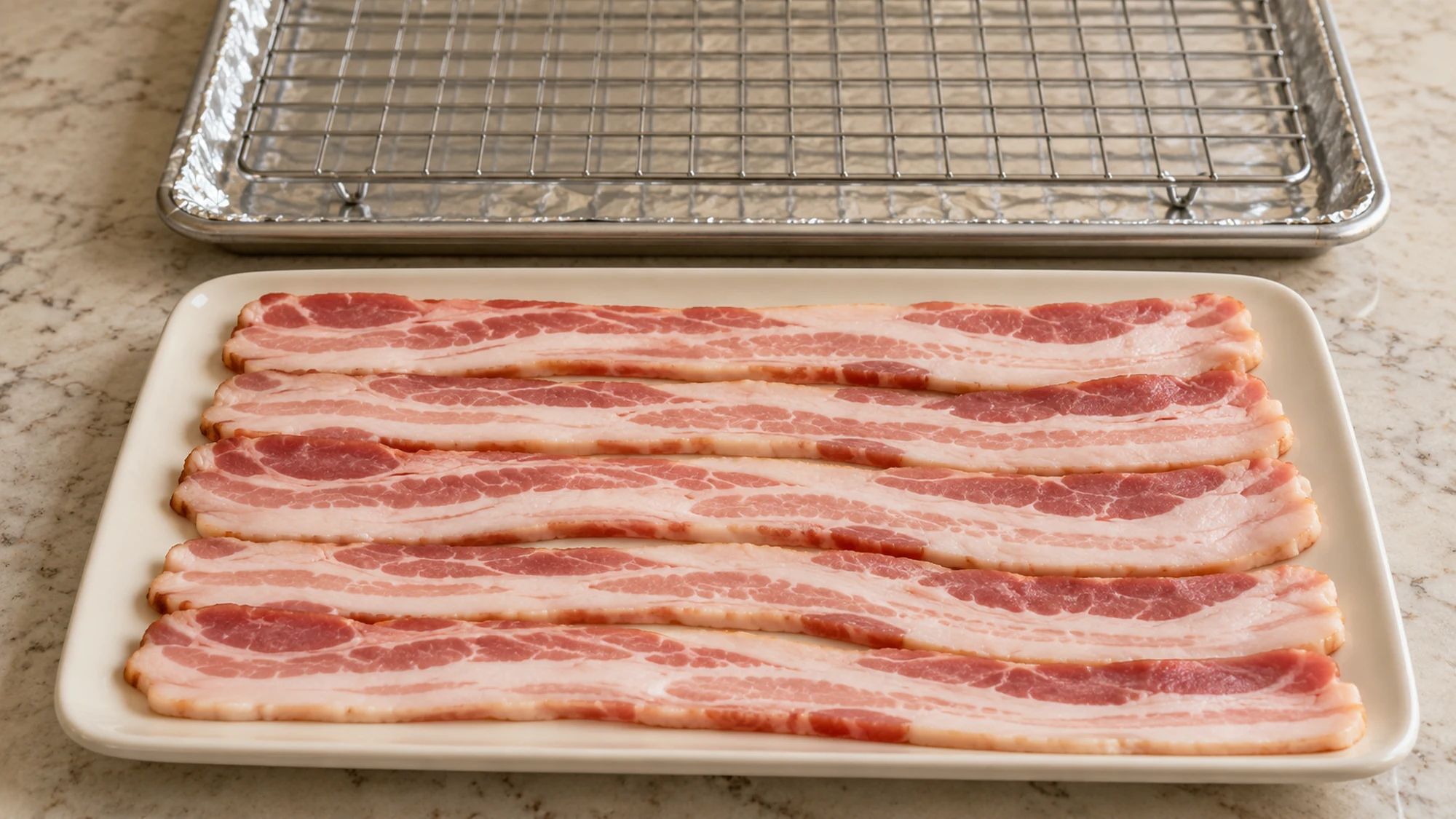 Six raw thick-cut pork bacon strips beside a wire rack and rimmed pan.