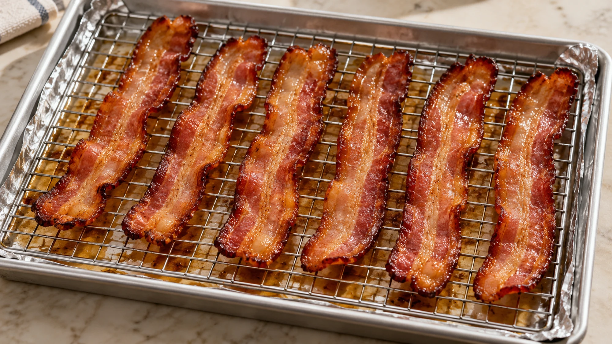 Browned thick-cut bacon on a wire rack over a foil-lined rimmed pan.