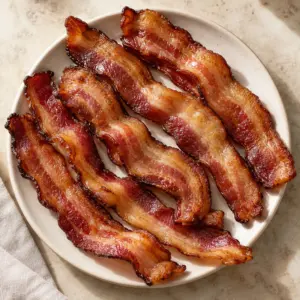 Plain oven-baked thick-cut bacon with crisp edges on a small plate.