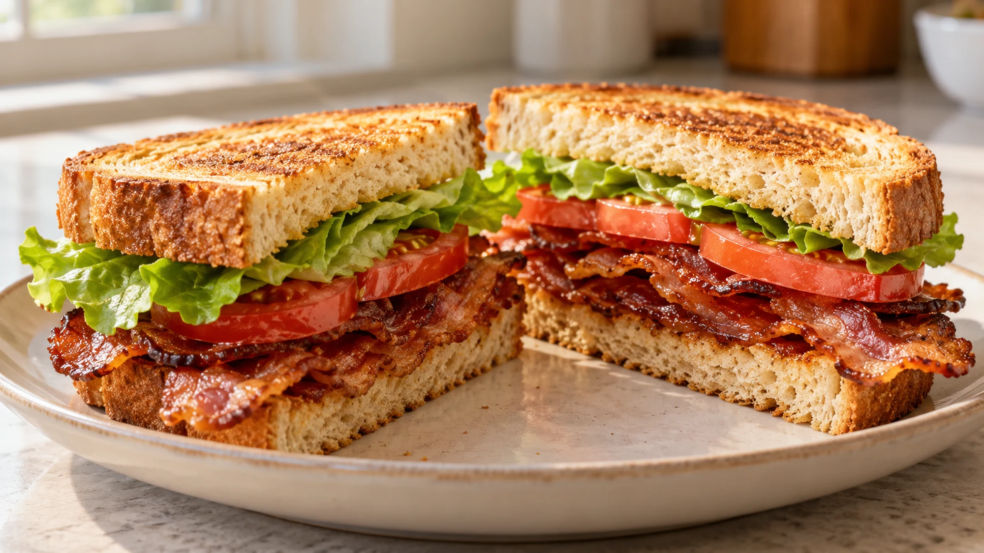 A toasted bacon, lettuce and tomato sandwich with thick cooked bacon.