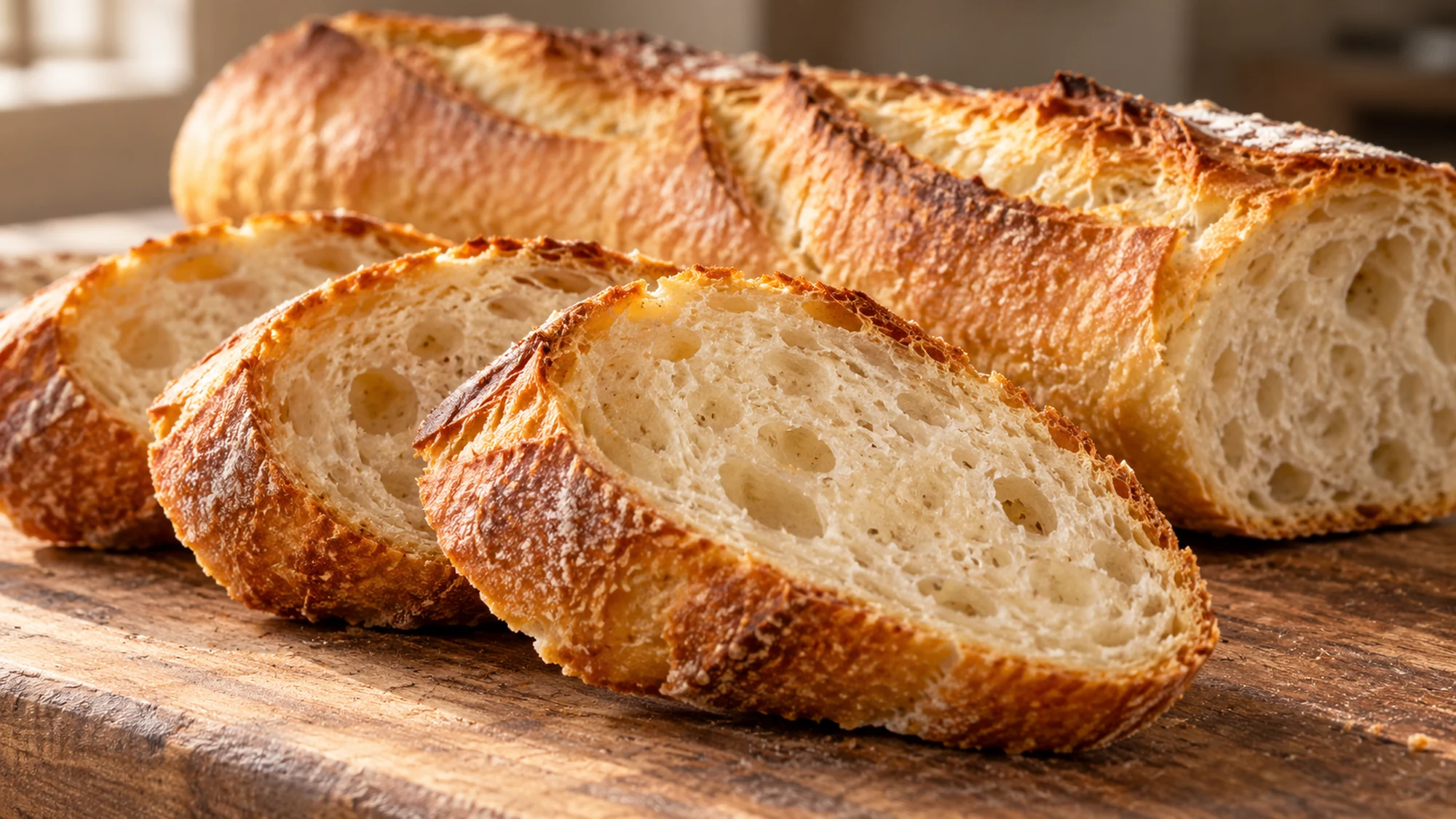 Sliced baguette showing a thin golden crust and soft irregular crumb