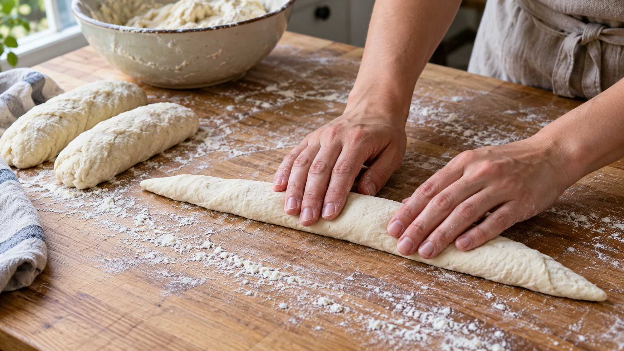 Hands rolling baguette dough into a tapered loaf on a floured counter