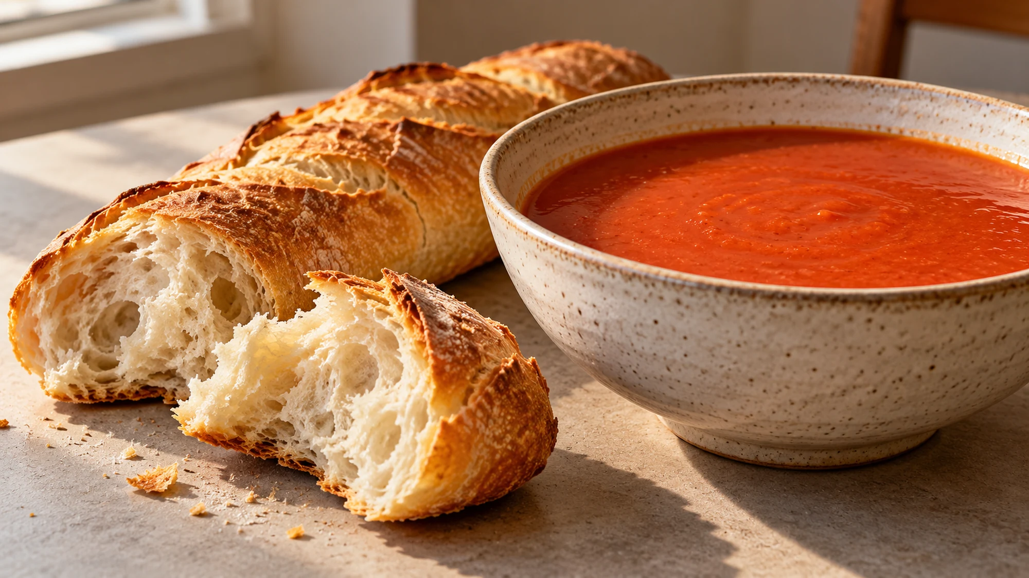 Torn baguette with a bowl of tomato soup for serving