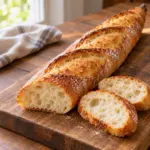 Golden baguette on a board with slices showing the soft center