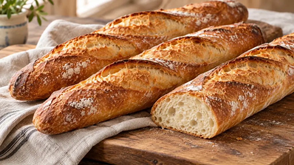 Three golden baguette loaves with crisp scored crusts and a sliced end
