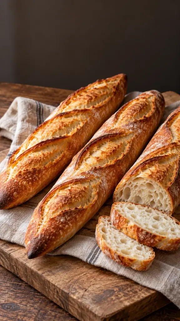 Golden baguette loaves with a sliced end showing their soft crumb