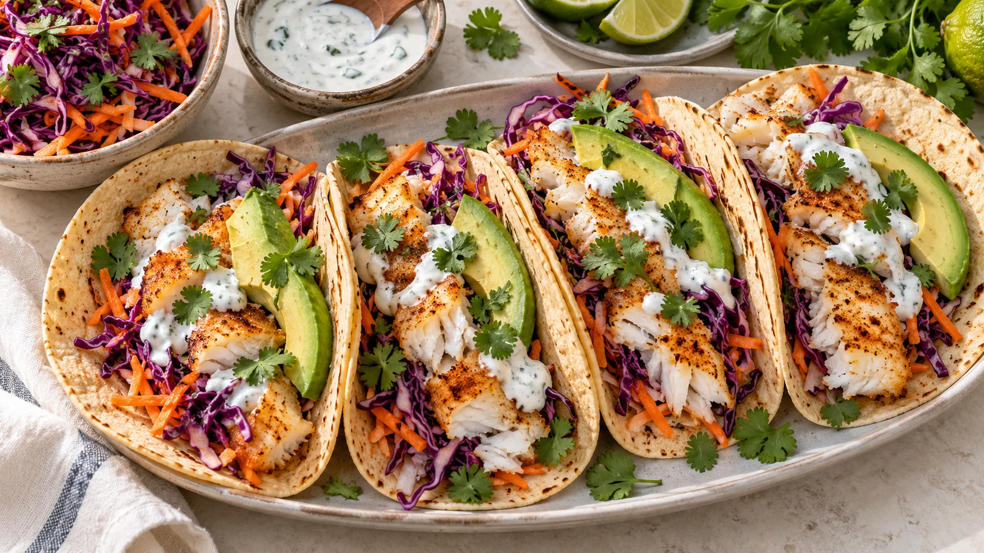 Baked cod tacos on a platter beside slaw and yogurt sauce