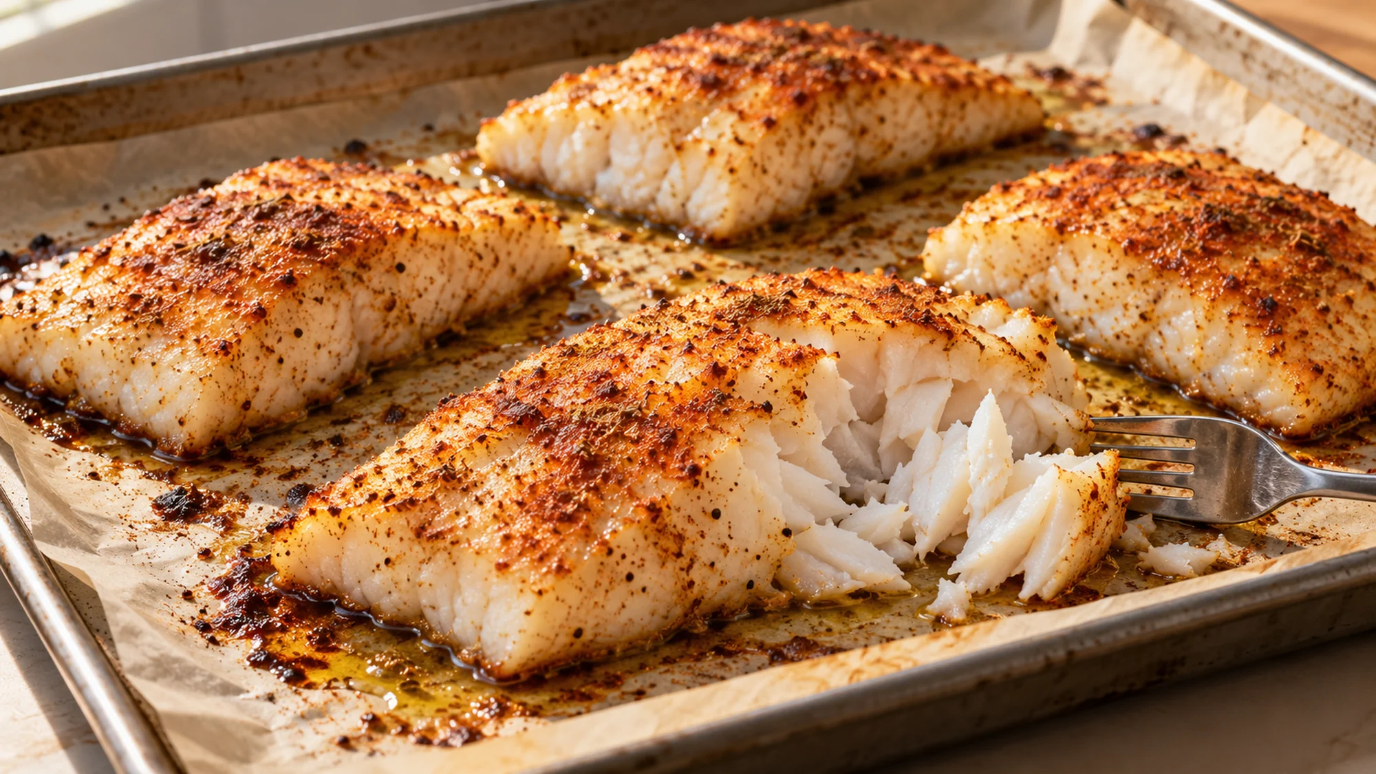 Unbreaded cod baked with paprika and cumin for baked cod tacos