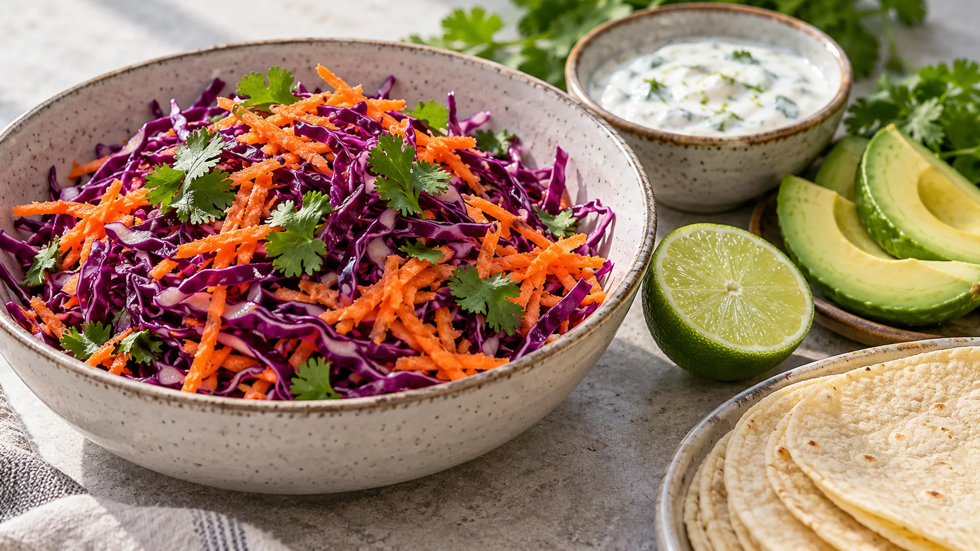 Purple cabbage carrot slaw, avocado and yogurt lime sauce for baked cod tacos