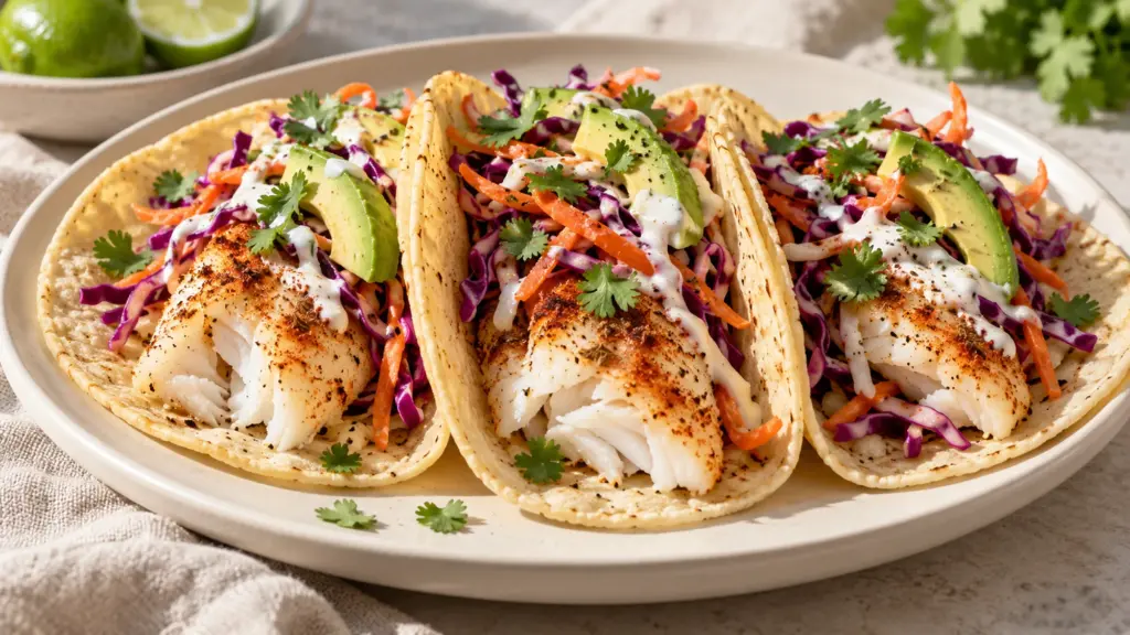 Baked cod tacos with purple cabbage carrot slaw, avocado and yogurt drizzle