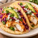 Baked cod tacos with moist flaky fish, crunchy slaw and avocado