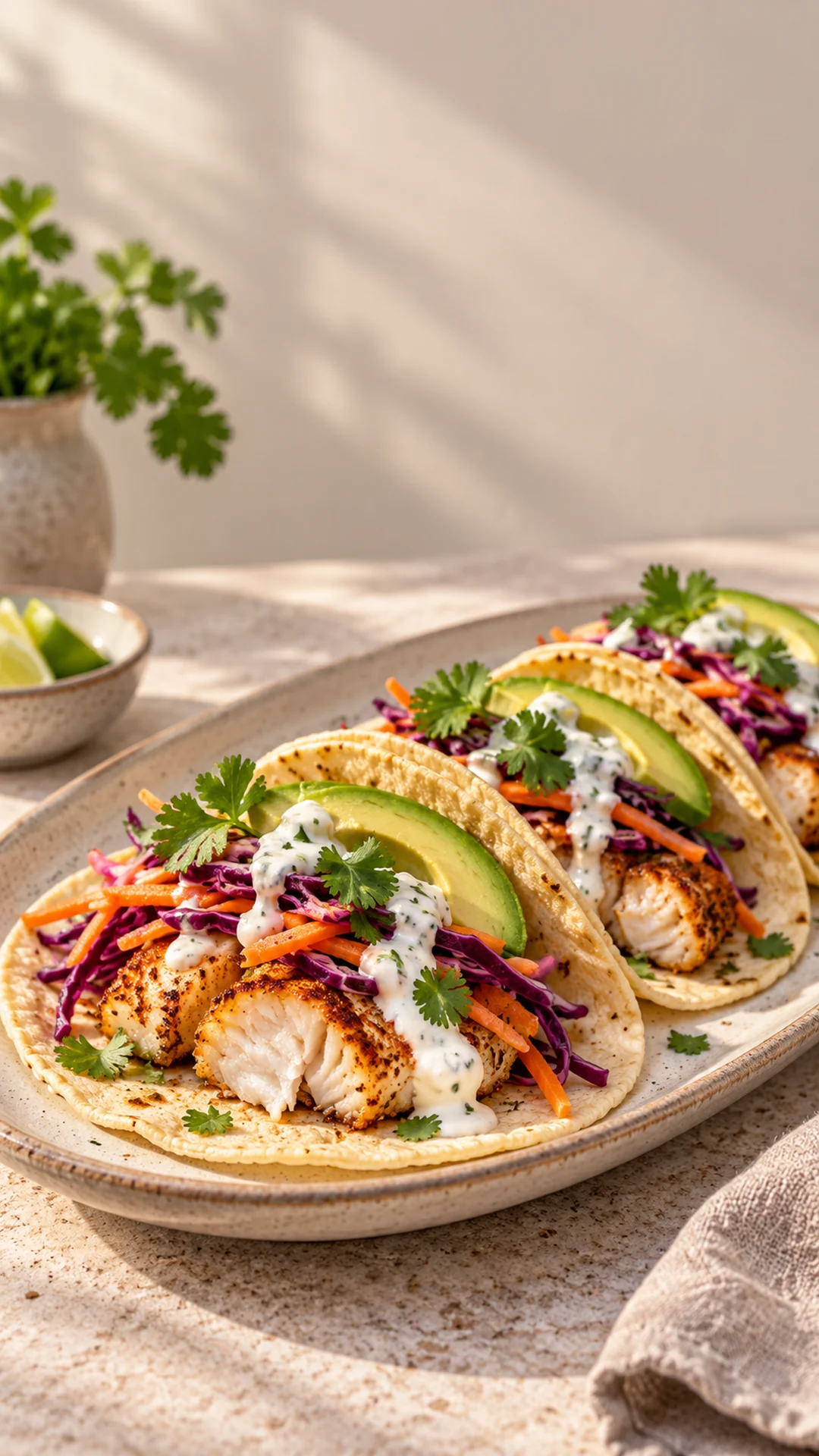 Baked cod tacos with slaw, avocado and yogurt sauce on an oval platter