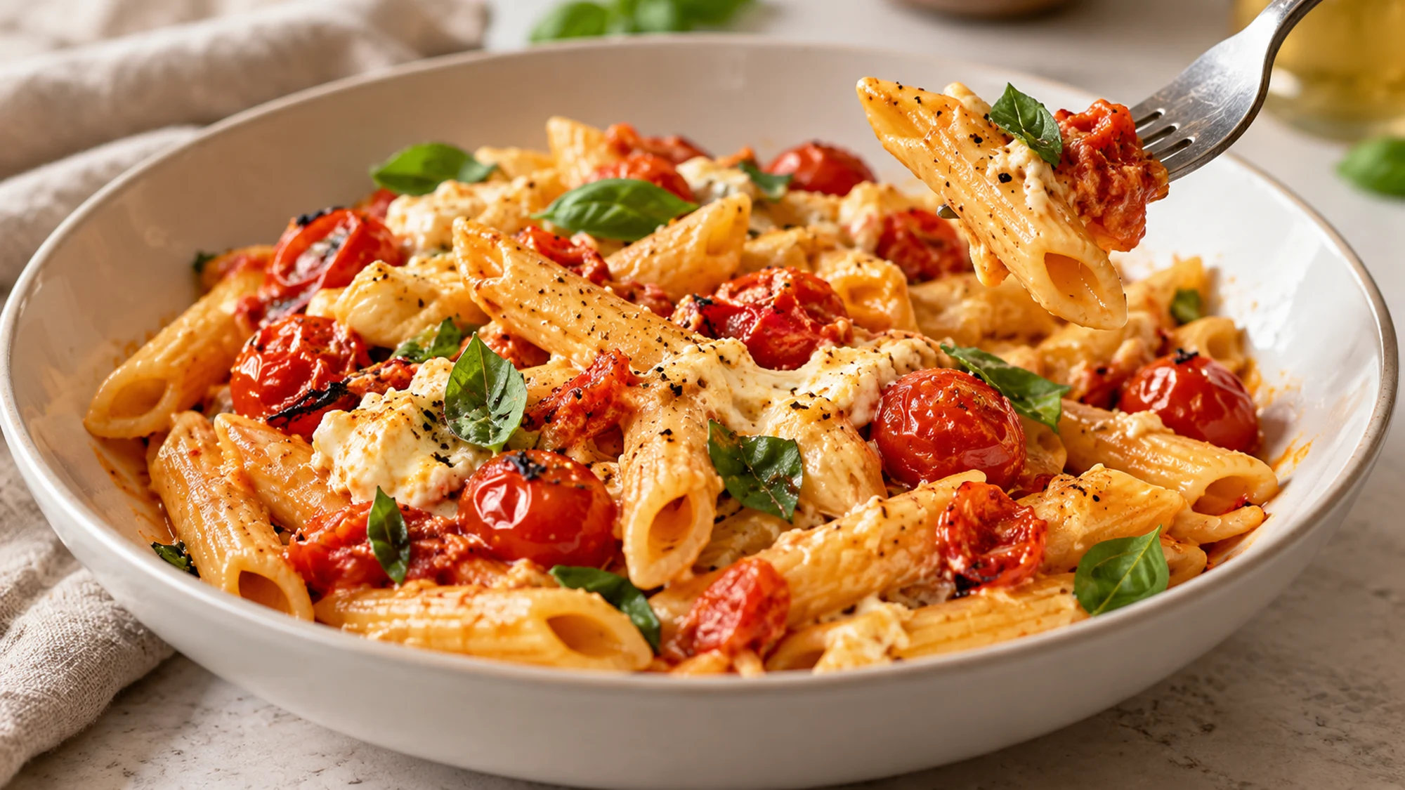 Baked feta pasta in a bowl with a fork lifting penne and tomatoes